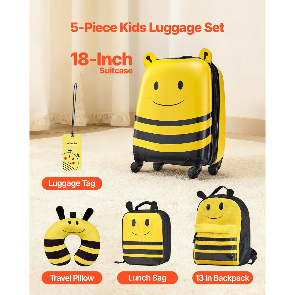 VEVOR Kids Luggage Set, 5 Piece, 18 Inch Hardside Rolling Wheels Suitcase with Backpack & U-shape Pillow, Bee Kids