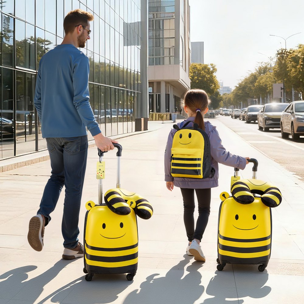 VEVOR Kids Luggage Set, 5 Piece, 18 Inch Hardside Rolling Wheels Suitcase with Backpack & U-shape Pillow, Bee Kids