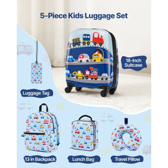 VEVOR Kids Luggage Set, 5 Piece, 18 Inch Hardside Rolling Wheels Suitcase with Backpack & U-shape Pillow, Truck Kids