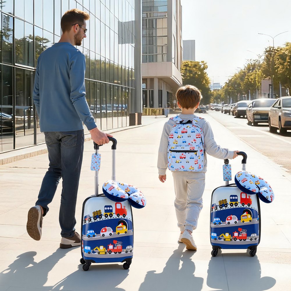 VEVOR Kids Luggage Set, 5 Piece, 18 Inch Hardside Rolling Wheels Suitcase with Backpack & U-shape Pillow, Truck Kids