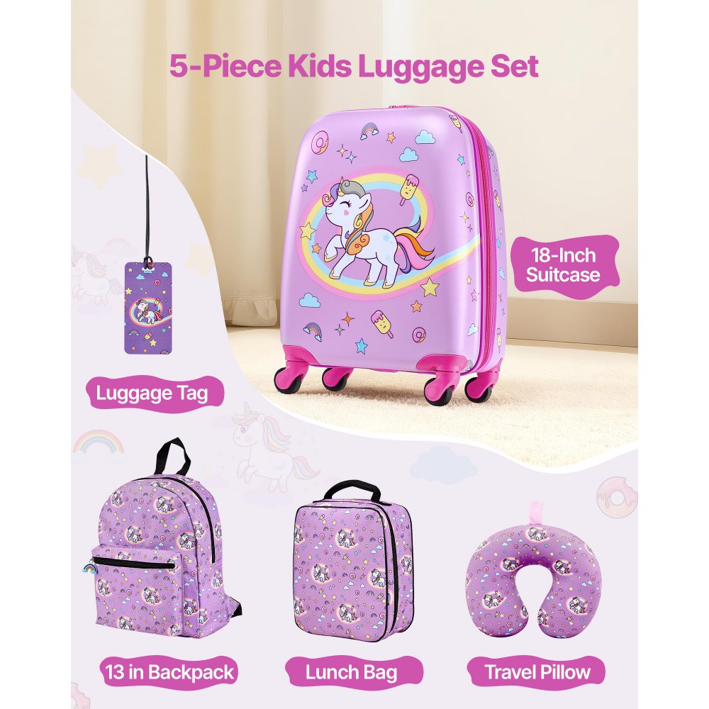 VEVOR Kids Luggage Set, 5 Piece, 18 Inch Hardside Rolling Wheels Suitcase with Backpack & U-shape Pillow, Unicorn Kids