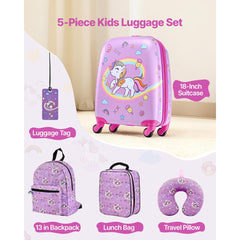 VEVOR Kids Luggage Set, 5 Piece, 18 Inch Hardside Rolling Wheels Suitcase with Backpack & U-shape Pillow, Unicorn Kids