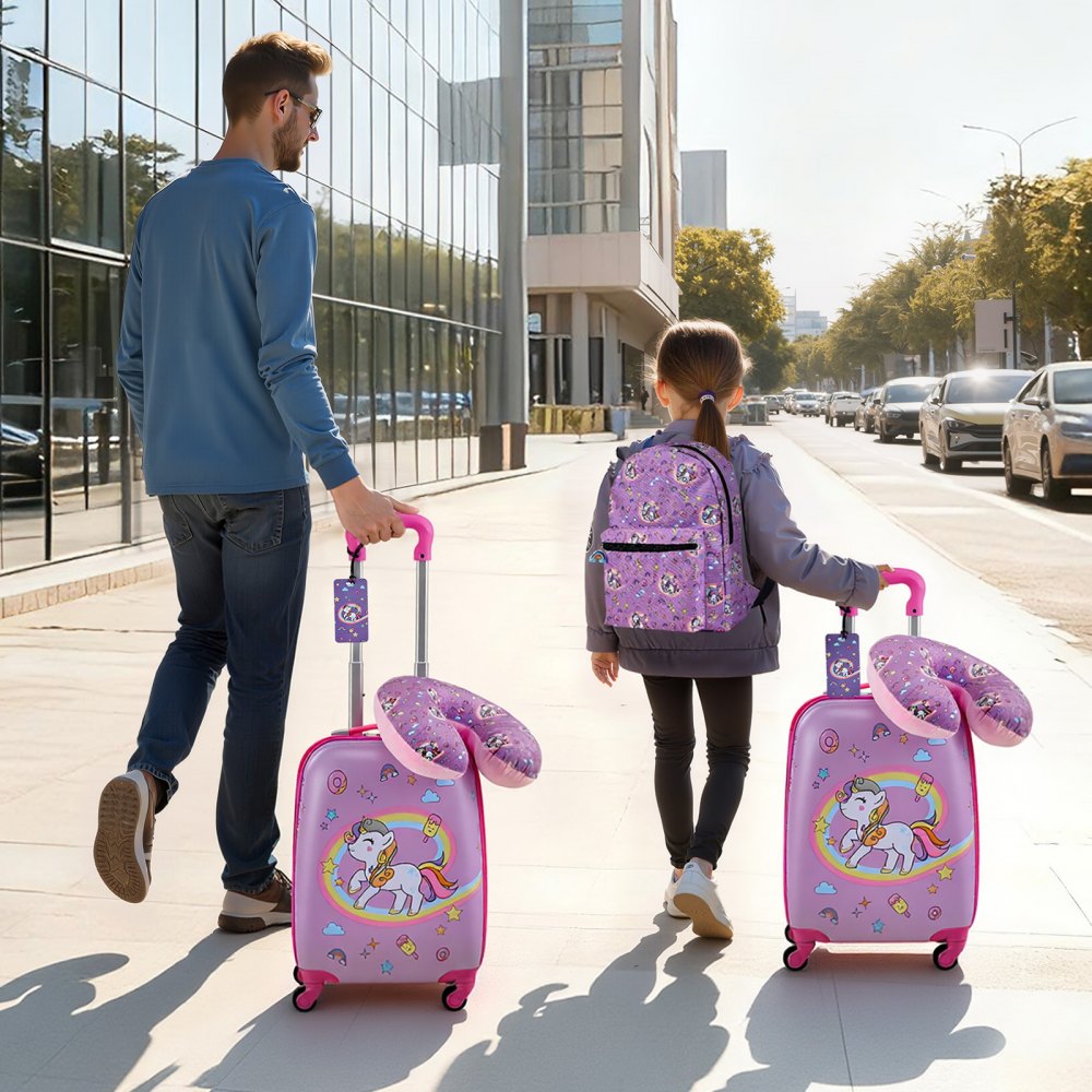 VEVOR Kids Luggage Set, 5 Piece, 18 Inch Hardside Rolling Wheels Suitcase with Backpack & U-shape Pillow, Unicorn Kids