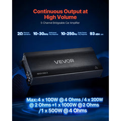 VEVOR Car Audio Amplifier, 5-Channel Bridgeable Car Amplifier, Multichannel Class D Stereo Amp, Max. 4 x 100W at 4 Ohms