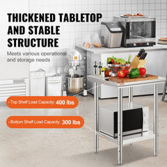 VEVOR Stainless Steel Prep Table, 24 x 24 x 31 Inch, 700 lbs Load Capacity, Heavy Duty Metal Worktable with 3