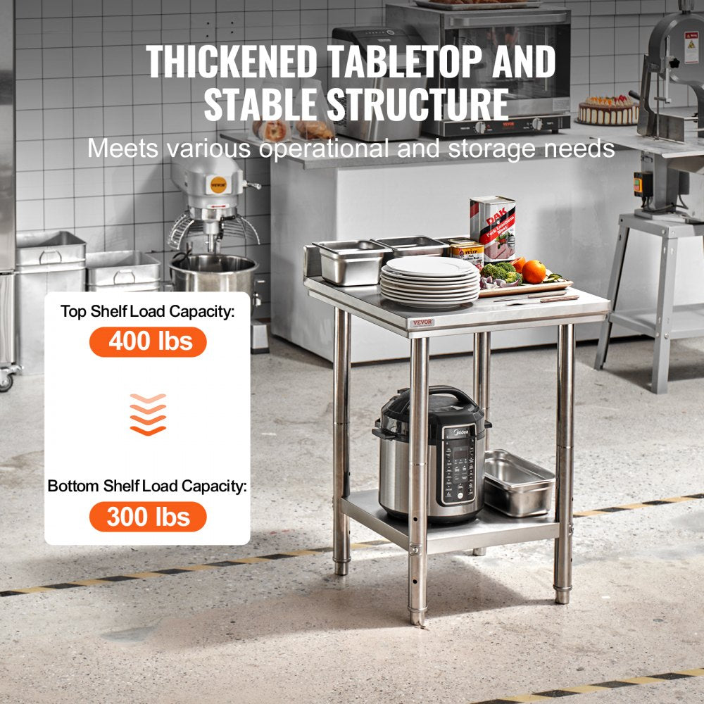 VEVOR 24 x 24 x 35 Inch Stainless Steel Work Table, Commercial Food Prep Worktable Heavy Duty Prep Worktable, Metal