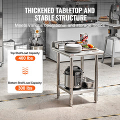 VEVOR 24 x 24 x 35 Inch Stainless Steel Work Table, Commercial Food Prep Worktable Heavy Duty Prep Worktable, Metal