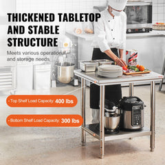 VEVOR Stainless Steel Prep Table, 24 x 30 x 31 Inch, 700 lbs Load Capacity, Heavy Duty Metal Worktable with 3