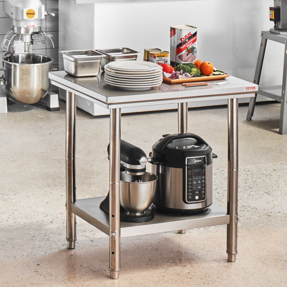 VEVOR Stainless Steel Prep Table, 24 x 30 x 31 Inch, 700 lbs Load Capacity, Heavy Duty Metal Worktable with 3