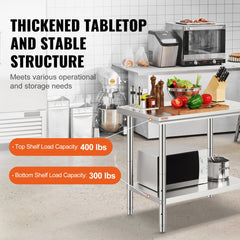 VEVOR Stainless Steel Prep Table, 900x600x800 mm, 700 lbs Load Capacity, Heavy Duty Metal Worktable with 3 Adjustable