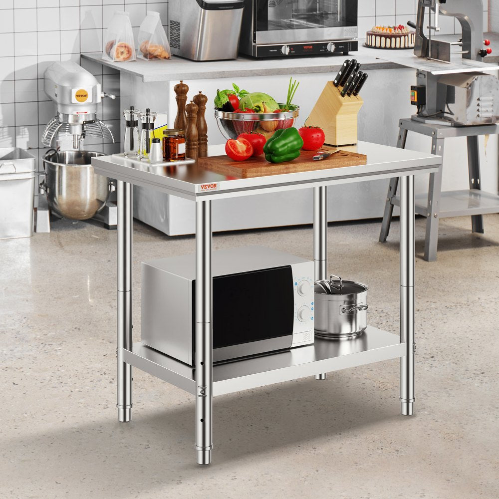 VEVOR Stainless Steel Prep Table, 900x600x800 mm, 700 lbs Load Capacity, Heavy Duty Metal Worktable with 3 Adjustable
