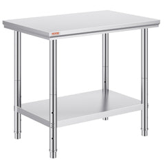 VEVOR Stainless Steel Prep Table, 900x600x800 mm, 700 lbs Load Capacity, Heavy Duty Metal Worktable with 3 Adjustable
