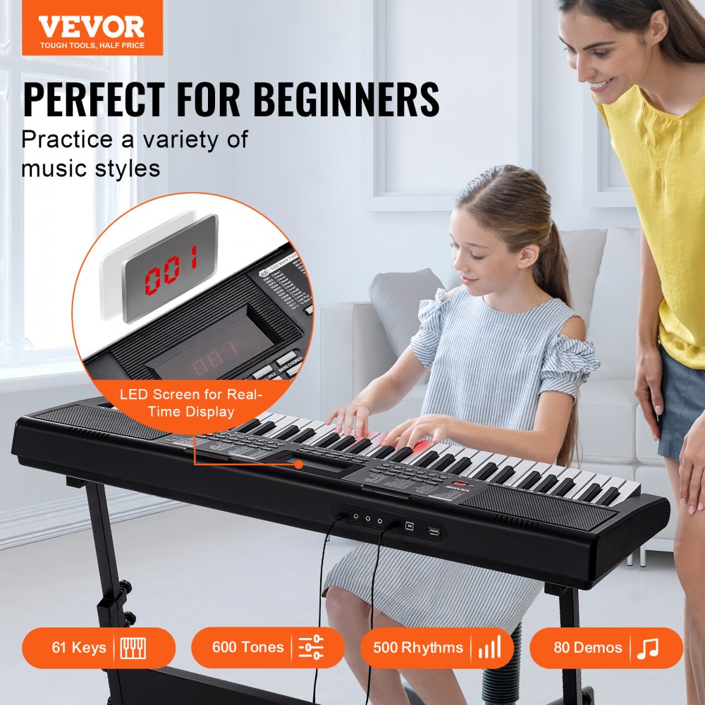 VEVOR 61 Key Digital Keyboard Piano, Lighted Keys, Electric Portable Piano with Adjustable Stand 600 Tones 500 Rhythms