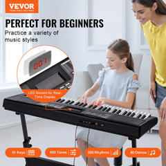 VEVOR 61 Key Digital Keyboard Piano, Lighted Keys, Electric Portable Piano with Adjustable Stand 600 Tones 500 Rhythms