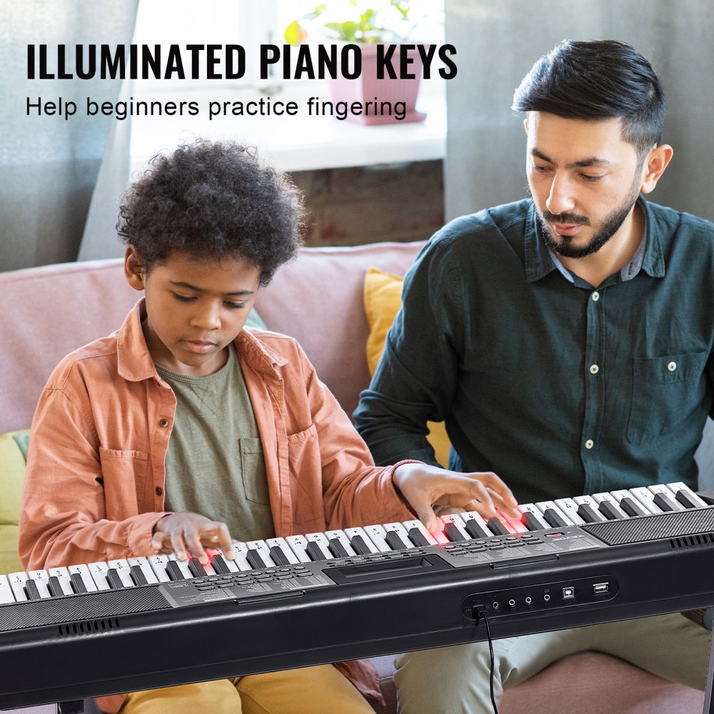 VEVOR 61 Key Digital Keyboard Piano, Lighted Keys, Electric Portable Piano with Adjustable Stand 600 Tones 500 Rhythms