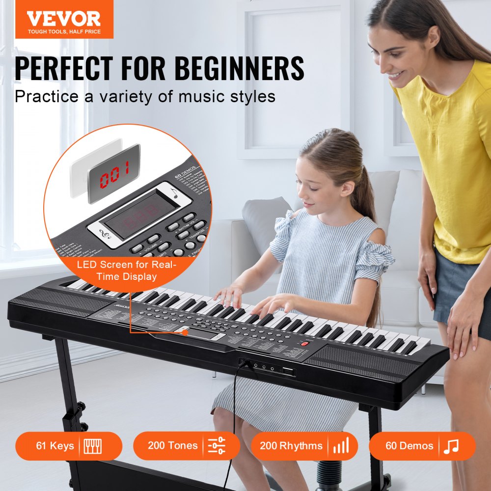 VEVOR 61 Key Digital Keyboard Piano, 200 Tones 200 Rhythms, Electric Portable Piano Keyboard Kit with 60 Demo Songs