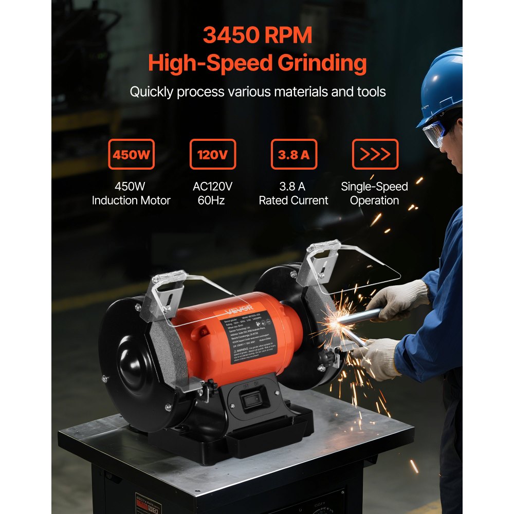 VEVOR Bench Grinder, 6-inch Single Speed Bench Grinder, 3450RPM High-Speed Table Grinders with 450W 3.8A Induction
