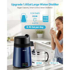 VEVOR Water Distiller, 6L 1.6 Gallon Larger Pure Water Purifier Filter For Home Table Countertop, 900W Glass Pot