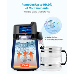 VEVOR Water Distiller, 6L 1.6 Gallon Larger Pure Water Purifier Filter For Home Table Countertop, 900W Glass Pot