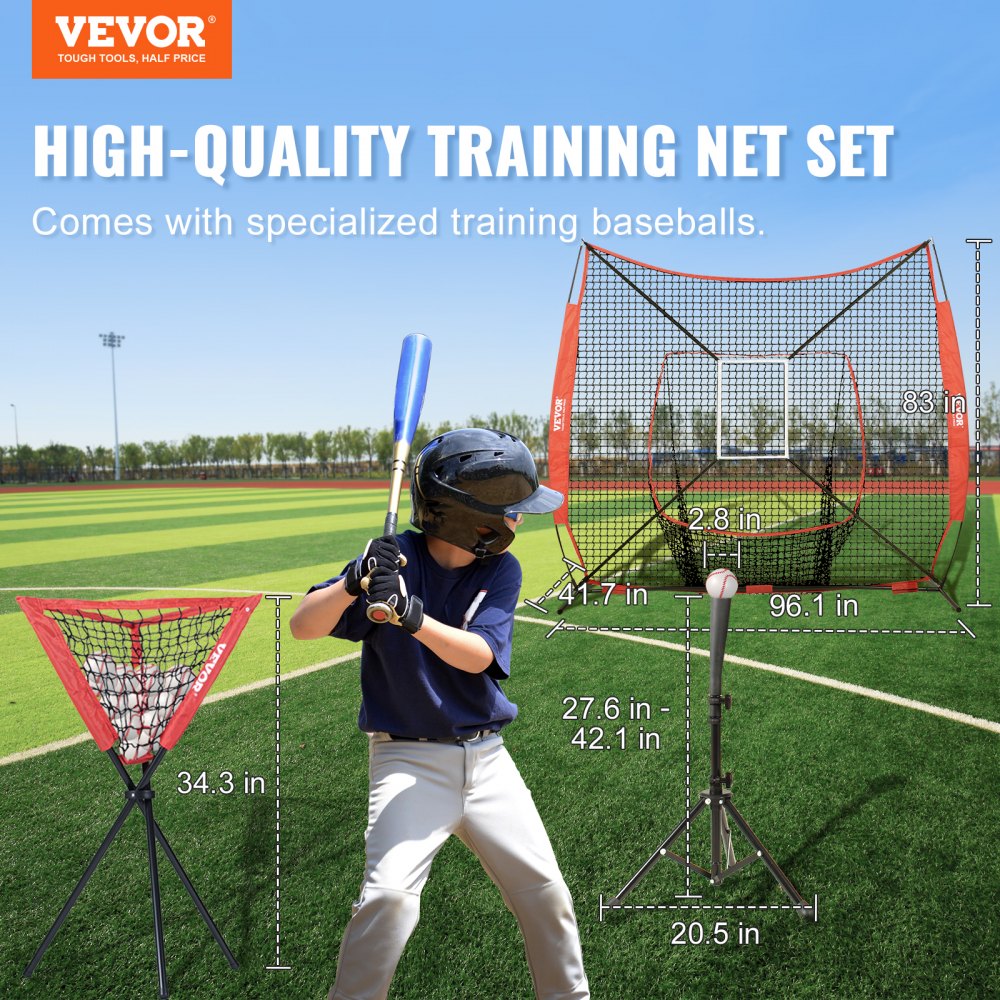VEVOR 7x7 ft Baseball Softball Practice Net, Portable Baseball Training Net for Hitting Catching Pitching, Backstop