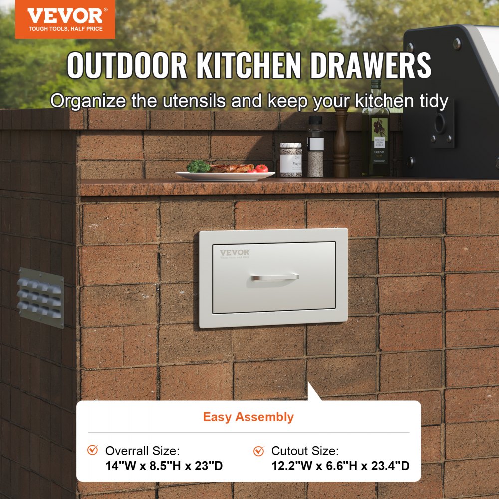 VEVOR 14x8.5 Inch Outdoor Kitchen Drawers Stainless Steel, Flush Mount Double Drawers,14W x 8.5H x 23D Inch, with