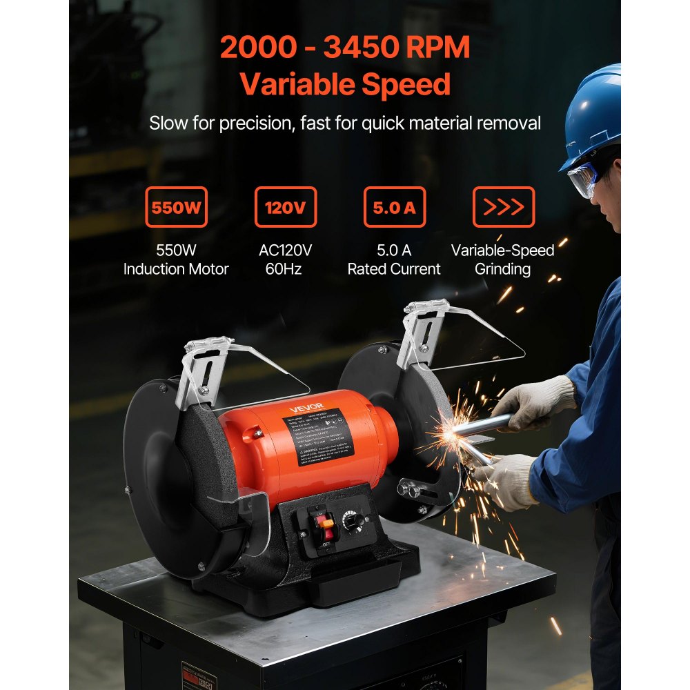 VEVOR Bench Grinder, 8-inch Variable Speed Bench Grinder, 2000-3450RPM Table Grinders with 550W 5.0A Induction Motor