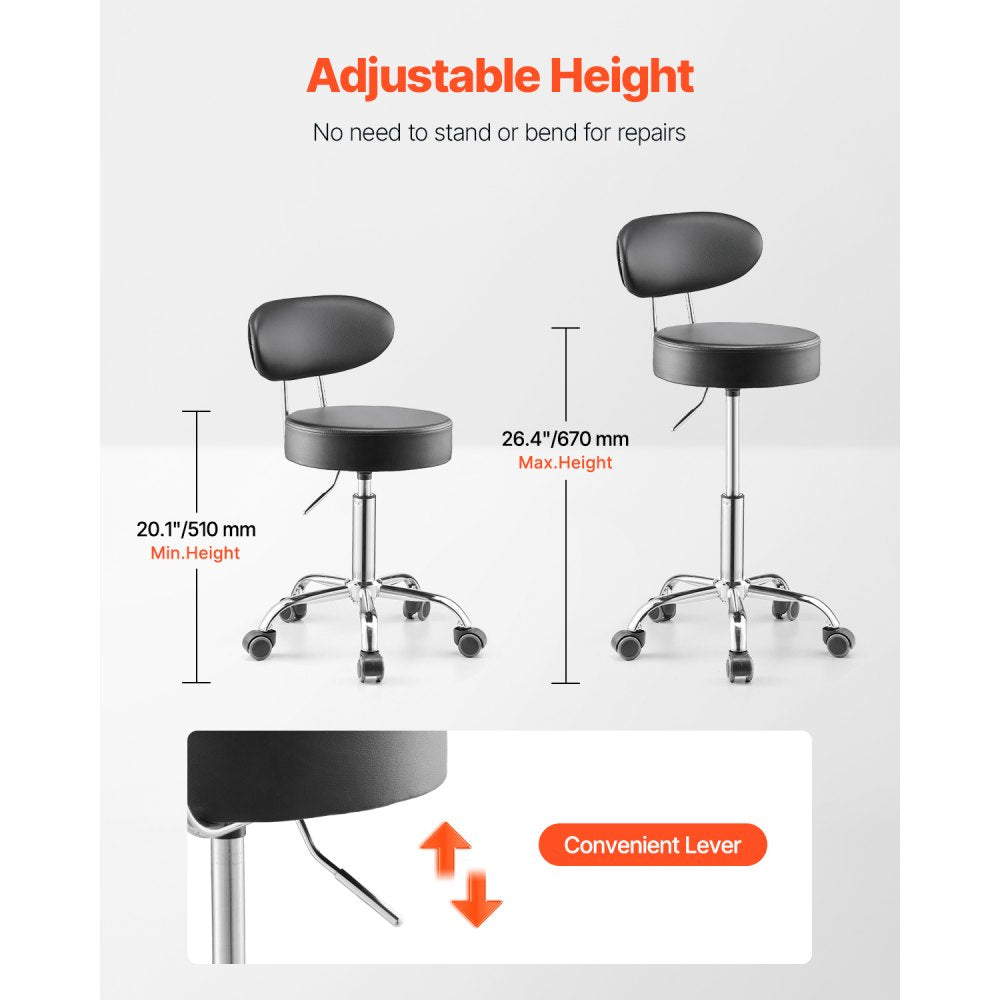 VEVOR Shop Stool with Backrest, Pneumatic Garage Seat/Work Stool with Wheels, 300 lbs Load, Adjustable Roller Creeper