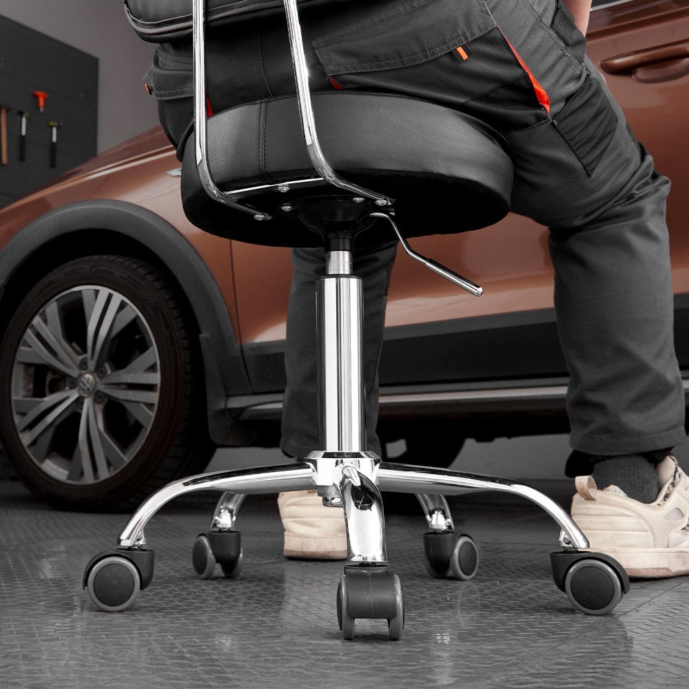 VEVOR Shop Stool with Backrest, Pneumatic Garage Seat/Work Stool with Wheels, 300 lbs Load, Adjustable Roller Creeper