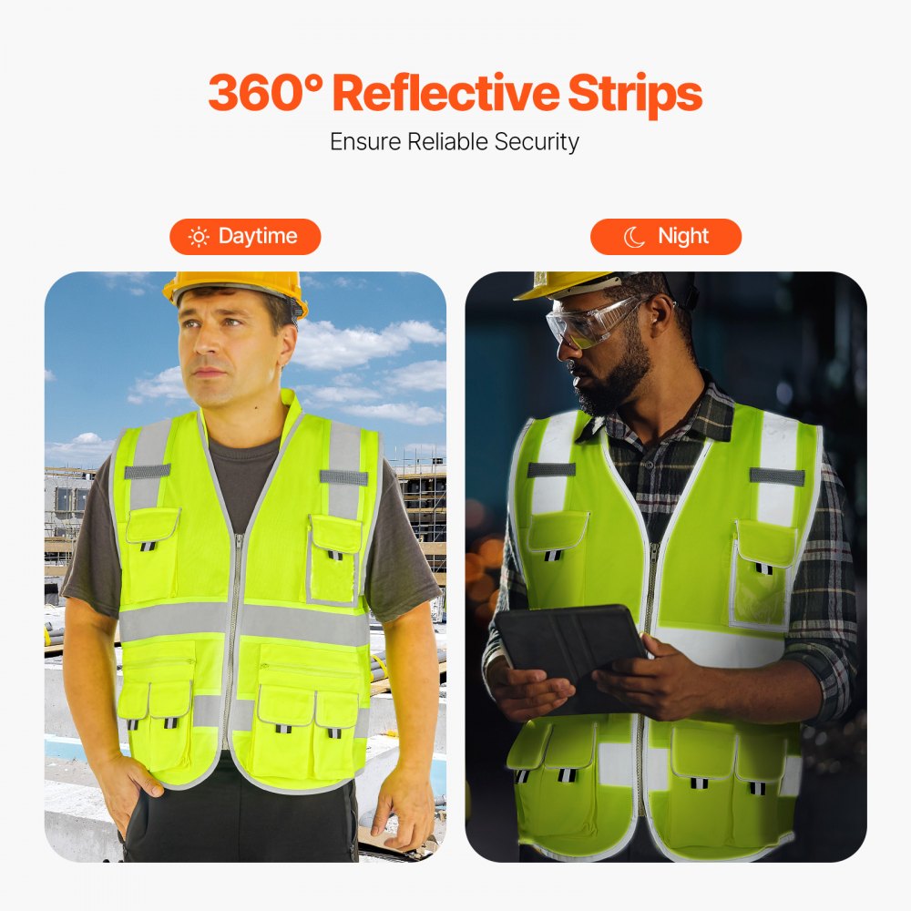 VEVOR Safety Vest, 10 Pockets Yellow Safety Vest, High Visibility Zipper Front Safety Vest with Reflective Strips, Hi