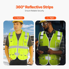 VEVOR Safety Vest, 10 Pockets Yellow Safety Vest, High Visibility Zipper Front Safety Vest with Reflective Strips, Hi