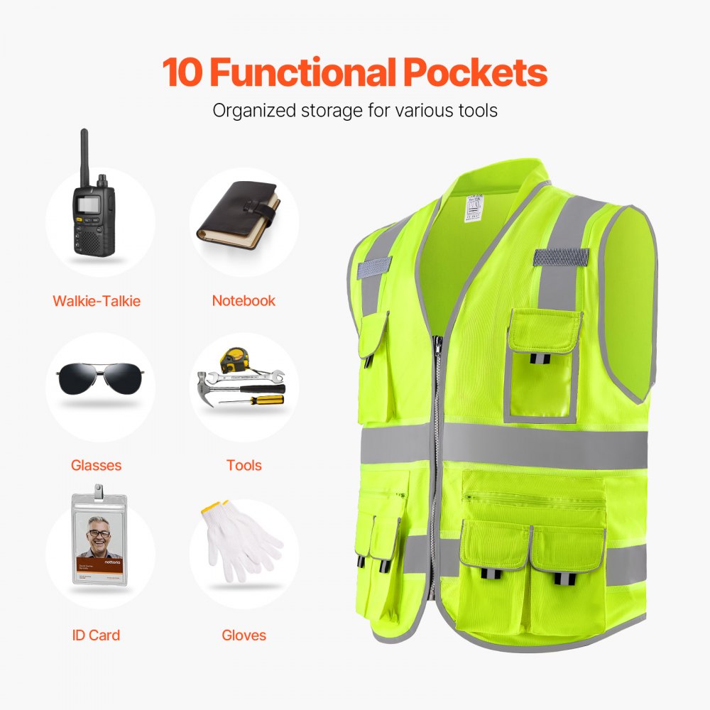 VEVOR Safety Vest, 10 Pockets Yellow Safety Vest, Hi Vis Zipper Front Safety Vest with Reflective Strips, High