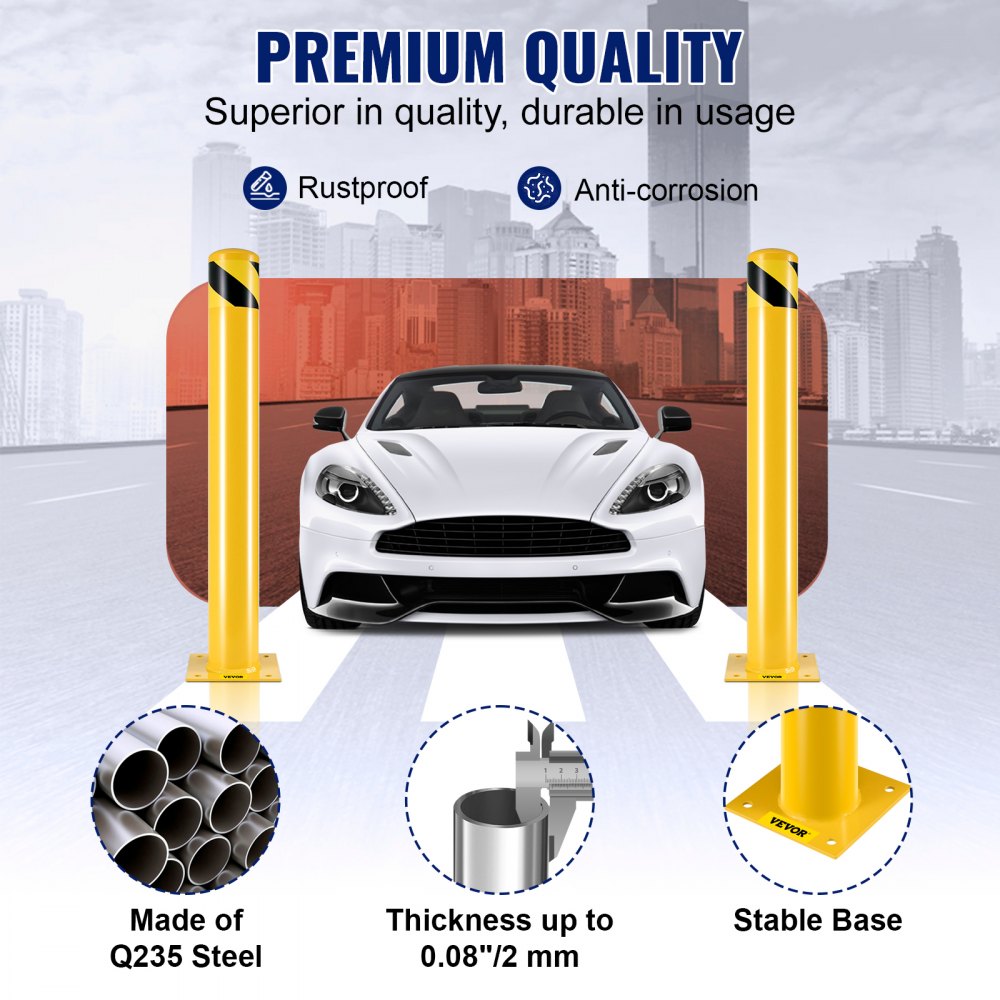 VEVOR Safety Bollard Safety Barrier Bollard 4-1/2" OD 36" Height Yellow Powder Coat Pipe Steel Safety Barrier with 4
