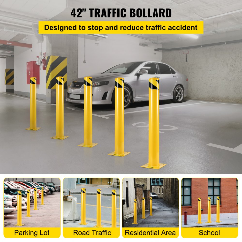 VEVOR Safety Bollard 42"x4.5" Safety Barrier Bollard 4-1/2" OD 42" Height Yellow Powder Coat Pipe Steel Safety Barrier