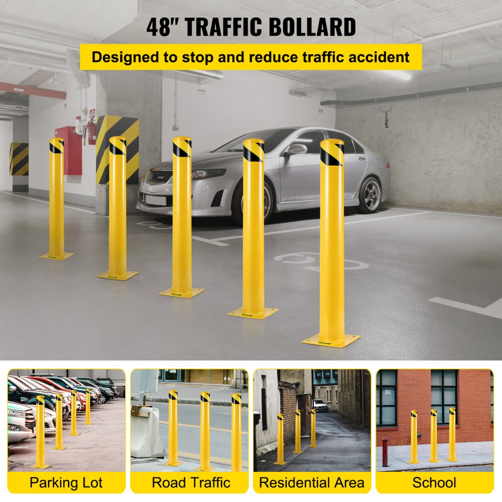 VEVOR Safety Bollard 48"x4.5" Safety Barrier Bollard 4-1/2" OD 48" Height Yellow Powder Coat Pipe Steel Safety Barrier