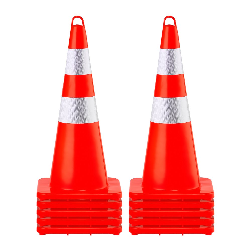 VEVOR Safety Cones, 10PCS 28" Traffic Cones, PVC Orange Construction Cones, 2 Reflective Collars Traffic Cones with