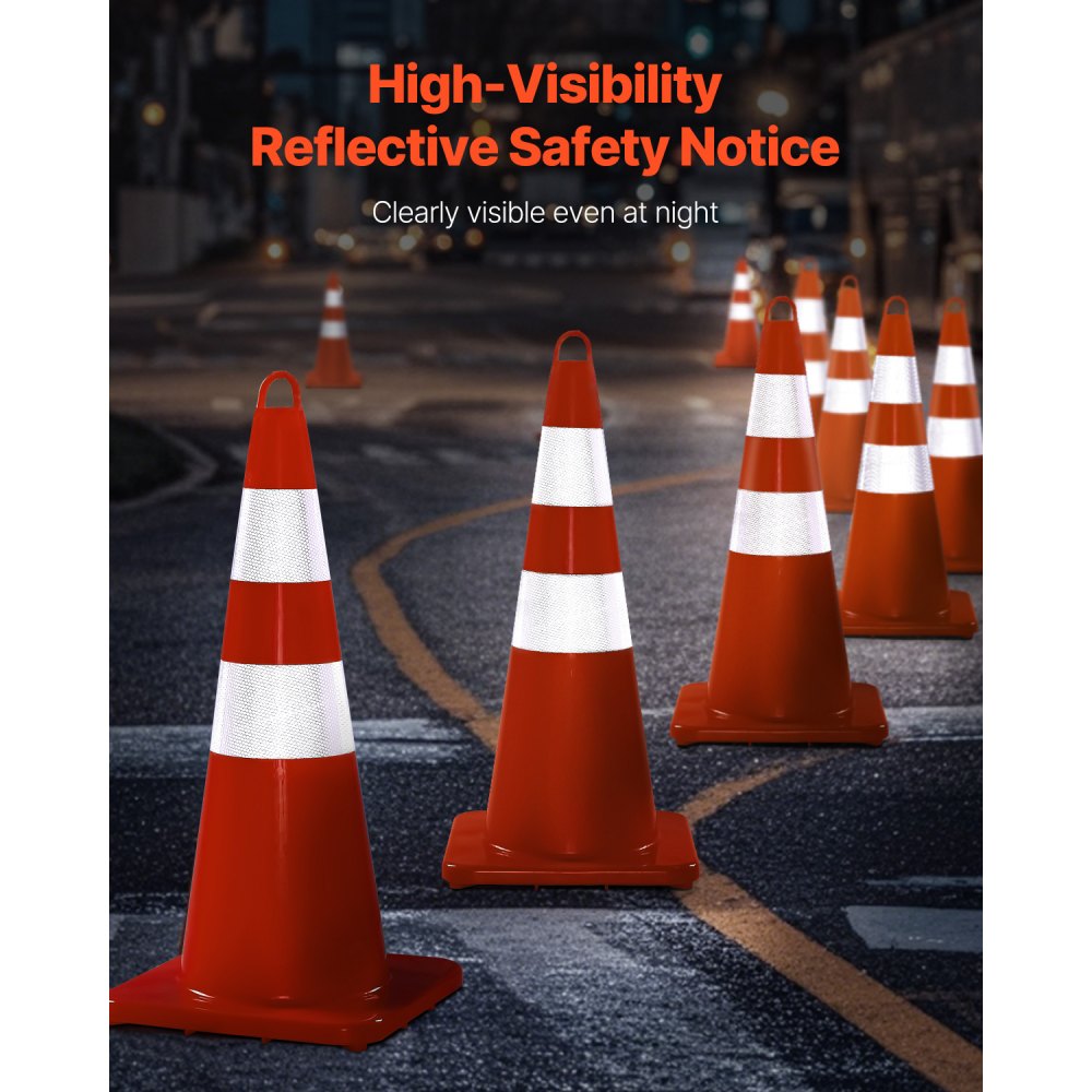 VEVOR Safety Cones, 12 x 28" Traffic Cones, PVC Orange Construction Cones, 2 Reflective Collars Traffic Cones with