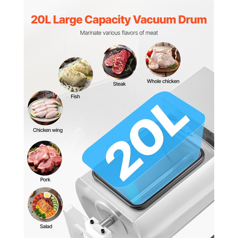 VEVOR Commercial Meat Tumbler Marinator, 20L Vacuum Tumbler Marinating Machine with Bidirectional Rotation and 3-Speed