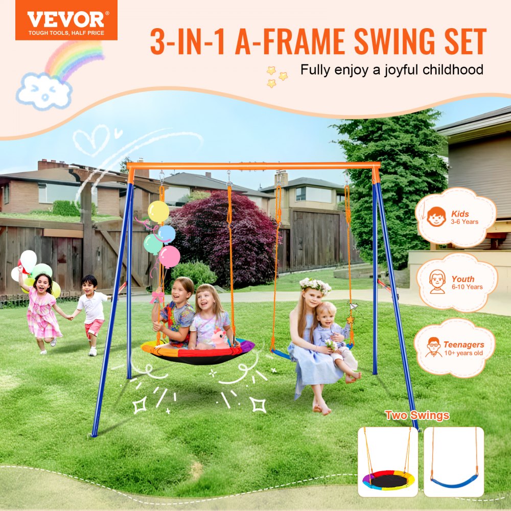 VEVOR Swing Sets for Backyard, 440lbs Load Capacity Swing Set, with 1 Saucer Swing Seat, 1 Belt Swing Seat, Heavy Duty