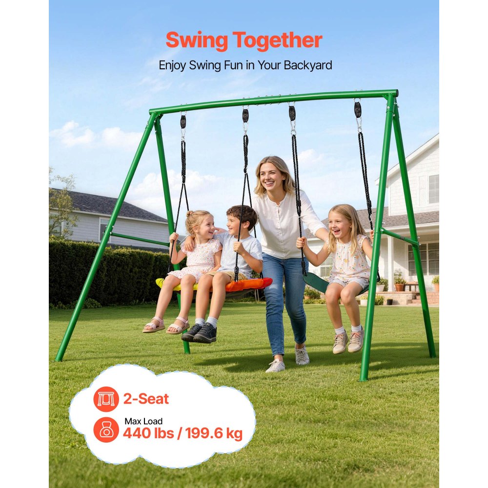 VEVOR Swing Set for Backyard, 32 in Saucer Swing Seat and Belt Seat, with Heavy Duty A-Frame Metal Stand, 440 lbs Load