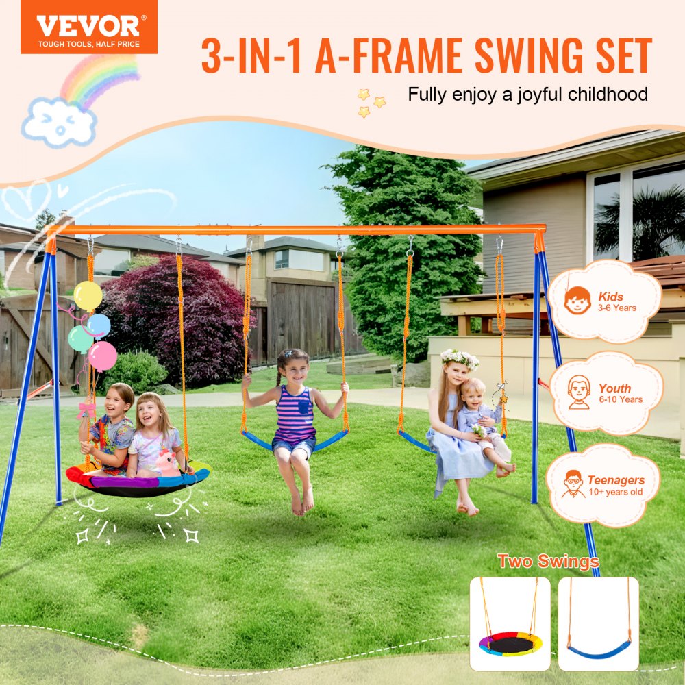 VEVOR Swing Sets for Backyard, 600lbs Load Capacity Swing Set, with 1 Saucer Swing Seat, 2 Belt Swing Seats, Heavy Duty
