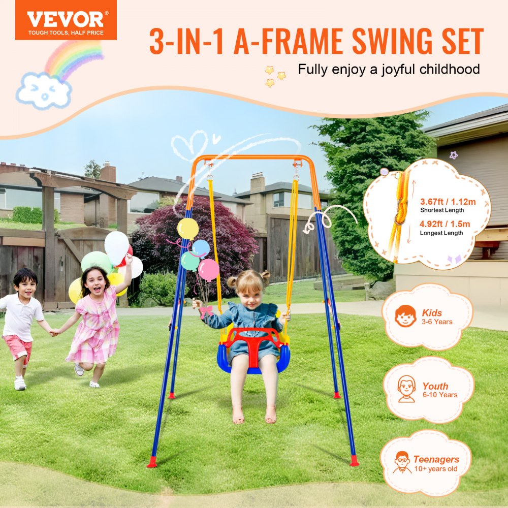 VEVOR Swing Sets for Backyard, 3-in-1 Toddler Swing Set with 4 Sandbags, Foldable Metal Stand, Easy to Assemble