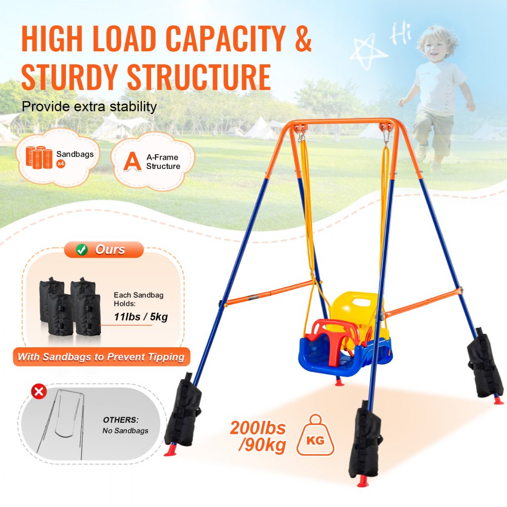 VEVOR Swing Sets for Backyard, 3-in-1 Toddler Swing Set with 4 Sandbags, Foldable Metal Stand, Easy to Assemble