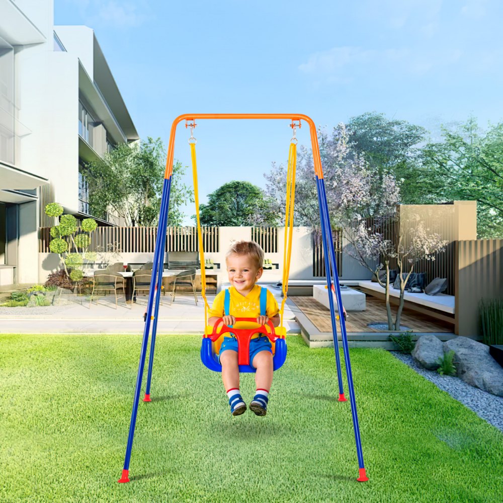 VEVOR Swing Sets for Backyard, 3-in-1 Toddler Swing Set with 4 Sandbags, Foldable Metal Stand, Easy to Assemble