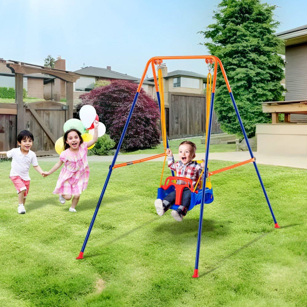 VEVOR Swing Sets for Backyard, 3-in-1 Toddler Swing Set with 4 Sandbags, Foldable Metal Stand, Easy to Assemble