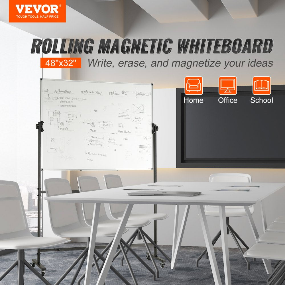VEVOR Rolling Whiteboard, 48x32 inch Double-Sided Magnetic Mobile Whiteboard, 360° Reversible Adjustable Height Dry