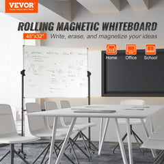 VEVOR Rolling Whiteboard, 48x32 inch Double-Sided Magnetic Mobile Whiteboard, 360° Reversible Adjustable Height Dry