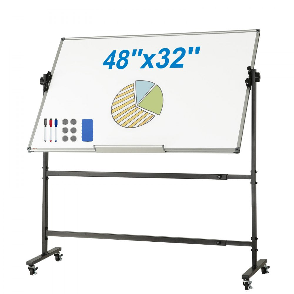 VEVOR Rolling Whiteboard, 48x32 inch Double-Sided Magnetic Mobile Whiteboard, 360° Reversible Adjustable Height Dry