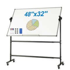 VEVOR Rolling Whiteboard, 48x32 inch Double-Sided Magnetic Mobile Whiteboard, 360° Reversible Adjustable Height Dry