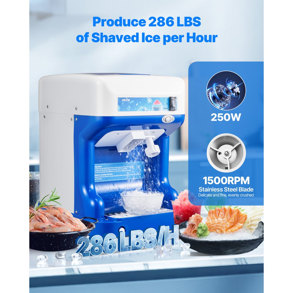 VEVOR Commercial Ice Shaver Crusher, 286lbs Per Hour Electric Snow Cone Maker with 2L Ice Cube Box, 250W 1500RPM