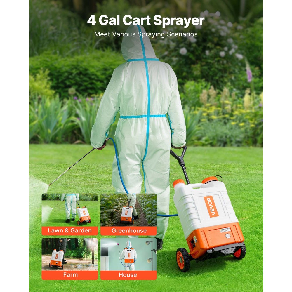 VEVOR Battery Powered Backpack Sprayer with Cart, 0-94 PSI Adjustable Pressure, 4 Gallon Tank on Wheels, with 8 Nozzles
